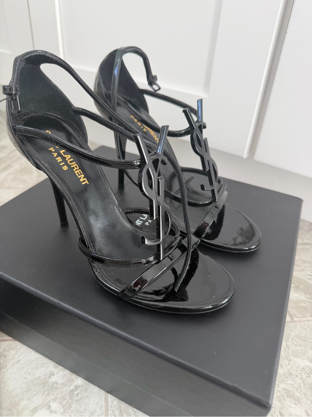Saint Laurent Cassandra YSL Black Patent Leather Sandals Heels